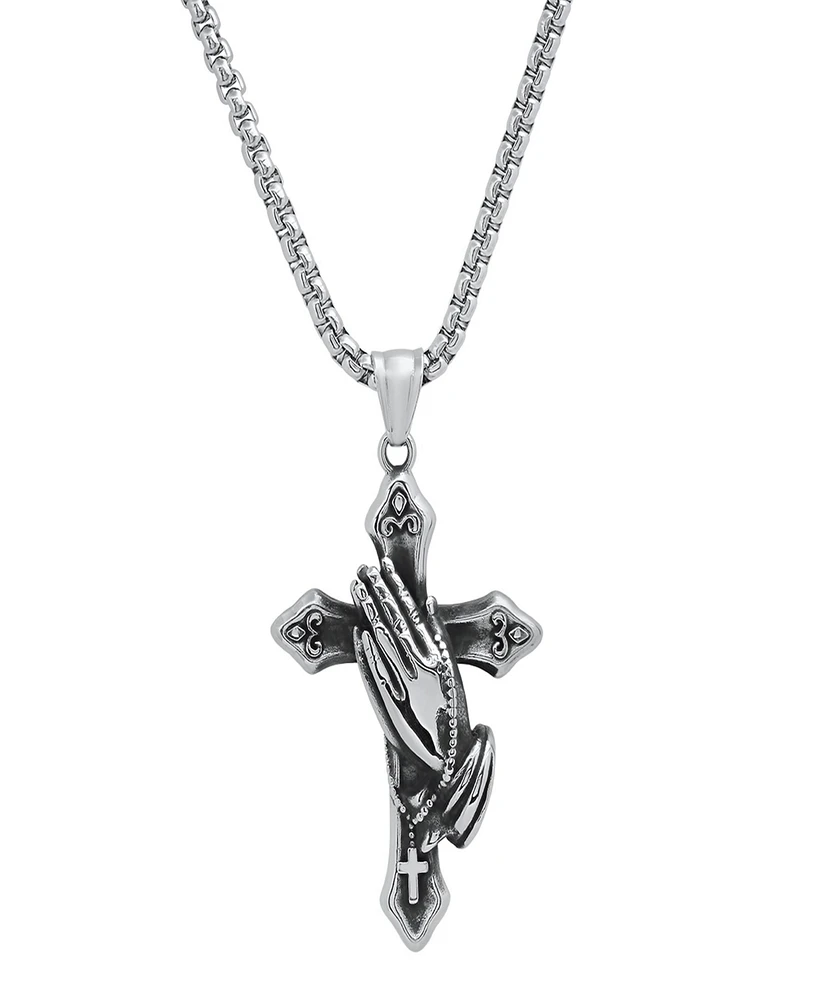 Steeltime Men's Stainless-Steel Prayer Hand and Cross Pendant Necklace