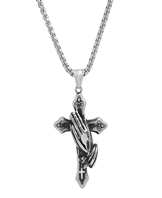 Steeltime Men's Stainless-Steel Prayer Hand and Cross Pendant Necklace