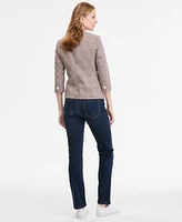 Jones New York Womens Checkered Print Faux Double Breasted Jacket Extended Shoulder Lattice Neck Top Lexington Mid Rise Straight Leg Denim Jeans