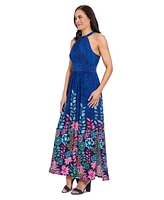 London Times Women's Shirred Halter Keyhole Maxi Dress