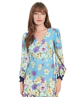 London Times Women's Printed V-Neck Long-Sleeve Dress