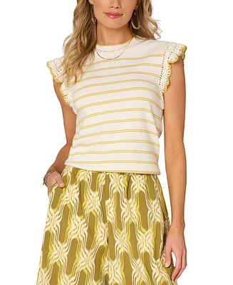 Democracy Women's Striped Crochet Flutter-Sleeve Sweater