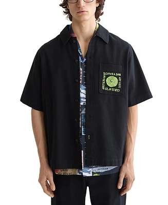 Scotch & Soda Men's Tailored Fit Short Sleeve Button Front Embroidered Pocket Shirt