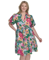 Jessica Howard Plus Printed Tie-Waist Puff-Sleeve Dress