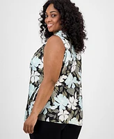 Kasper Plus Floral-Print Draped-Neck Top