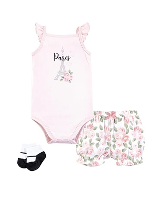 Hudson Baby Girls Bodysuit, Short and Sock, Bonjour Paris