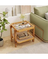 Pcs End Table with Tempered Glass Top Acacia Wood Legs Rattan Storage Shelf