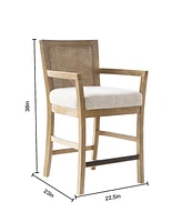 Counter Height Bar Stool with Solid Wood Frame Upholstered Seat Cane Back and Open Arm Design for Kitchen Island or Dining Room Seating-The Pop Home