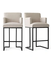 Set of 2 Bar Stools with Armrests, 28.5" Upholstered Linen Chairs Metal Legs for Kitchen Bar-Maison Boucle
