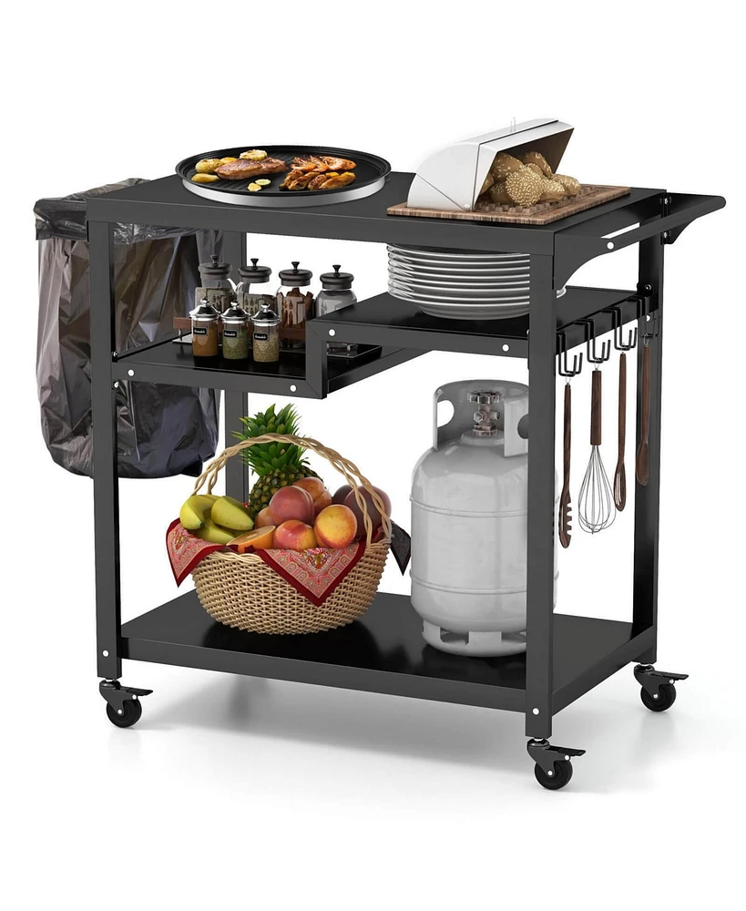 Rolling Grill Cart 3-Shelf Bbq Cart with Hooks and Side Handle