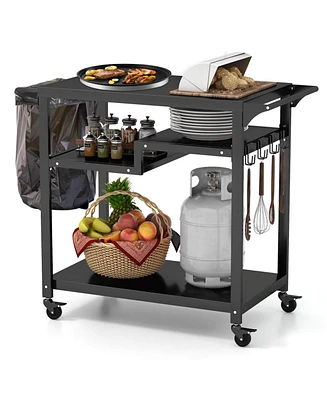 Rolling Grill Cart 3-Shelf Bbq Cart with Hooks and Side Handle