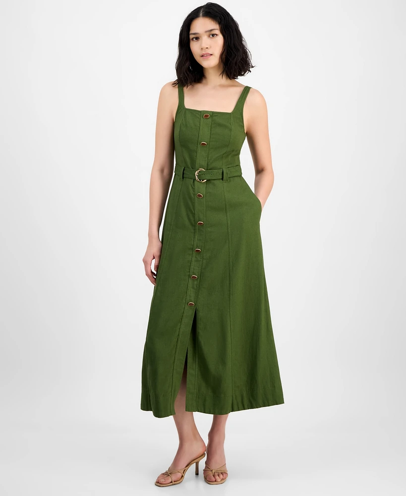 Taylor Petite Square-Neck Belted Button-Front Dress