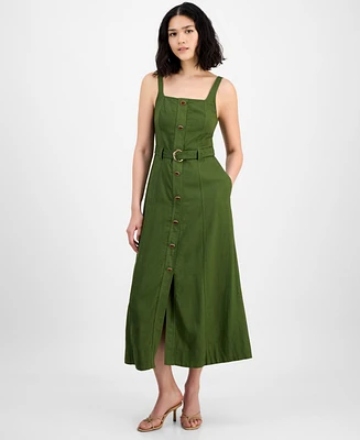 Taylor Petite Square-Neck Belted Button-Front Dress
