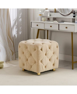 Velvet Upholstered Cube Ottoman with Tufted Design Hidden Storage and Gold Legs Multi Functional Footstool or Accent Seat for Living Room Bedroom-T