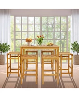 7 Pcs Acacia Wood Bar Table Set 45" Rectangular Dining Table & 6 Saddle Stools