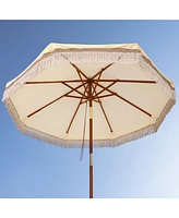 LAGarden Boho 7' Fringe Patio Umbrella with Tassels UPF50+ Boho Style 5-Year-Non-Fading for Outdoor Yard Butter Twisted Root