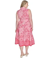 Jessica Howard Plus Printed Tie-Waist Sleeveless Midi Dress