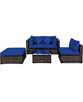 Gymax 5PC Rattan Patio Conversation Set Outdoor Furniture Set w/ Ottoman Cushion
