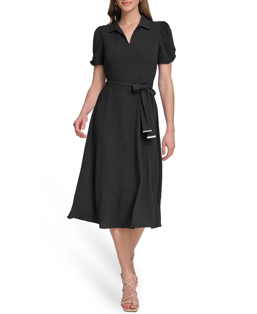 Dkny Women's Tie-Waist Point Collar A-Line Dress