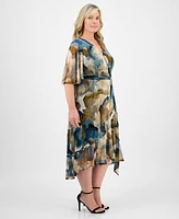 Connected Plus Printed Tie-Waist Ruffle-Hem Dress