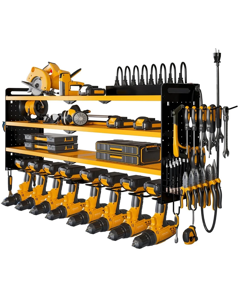Hausource 4-Tier Power Tool Organizer Wall Mount Tool Storage Workbench W/8 Drill Holder Utility Shelving,Yellow