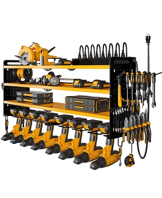 Hausource 4-Tier Power Tool Organizer Wall Mount Tool Storage Workbench W/8 Drill Holder Utility Shelving,Yellow