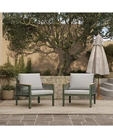 LuxenHome Outdoor Aluminum with Wood-Style Plastic Armchairs with Cushions, Set of 2