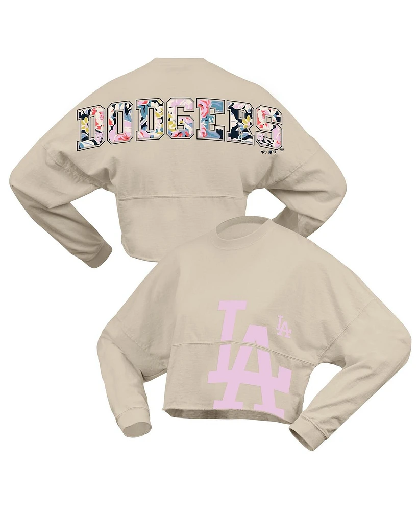 Fanatics Women's Cream Los Angeles Dodgers Floral Preppy Cropped Long Sleeve T-Shirt