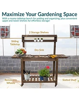 Wheeled Garden Potting Bench with Sink - Outdoor Potting Table - Garden Table with Planting Station and Hooks - Brown