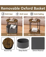2-Piece Round Side Table Nightstnad with Fabric Basket and Wood Top for Living Room, Bedroom