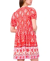 Msk Petite Placed Print Puff-Sleeve Swing Dress