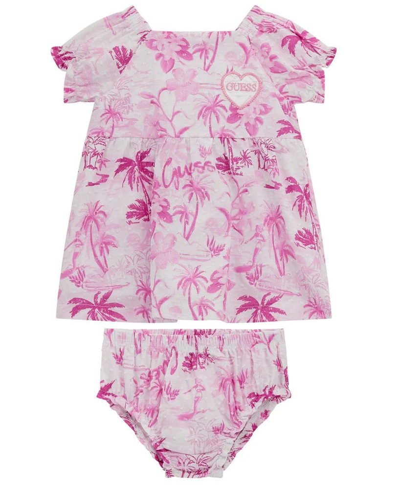 Guess Baby Girls 2-Piece Puff Sleeve Printed Dress and Coordinating Bloomer Set
