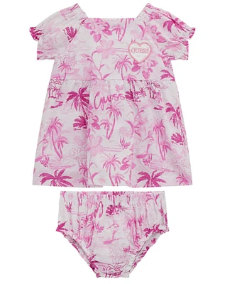 Guess Baby Girls 2-Piece Puff Sleeve Printed Dress and Coordinating Bloomer Set