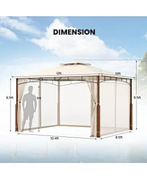 Outdoor Patio Gazebo with Netting and 2-Tier Canopy Roof