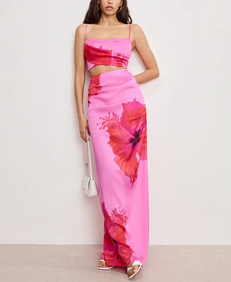 Good American Women's Satin Placed-Floral Maxi Skirt