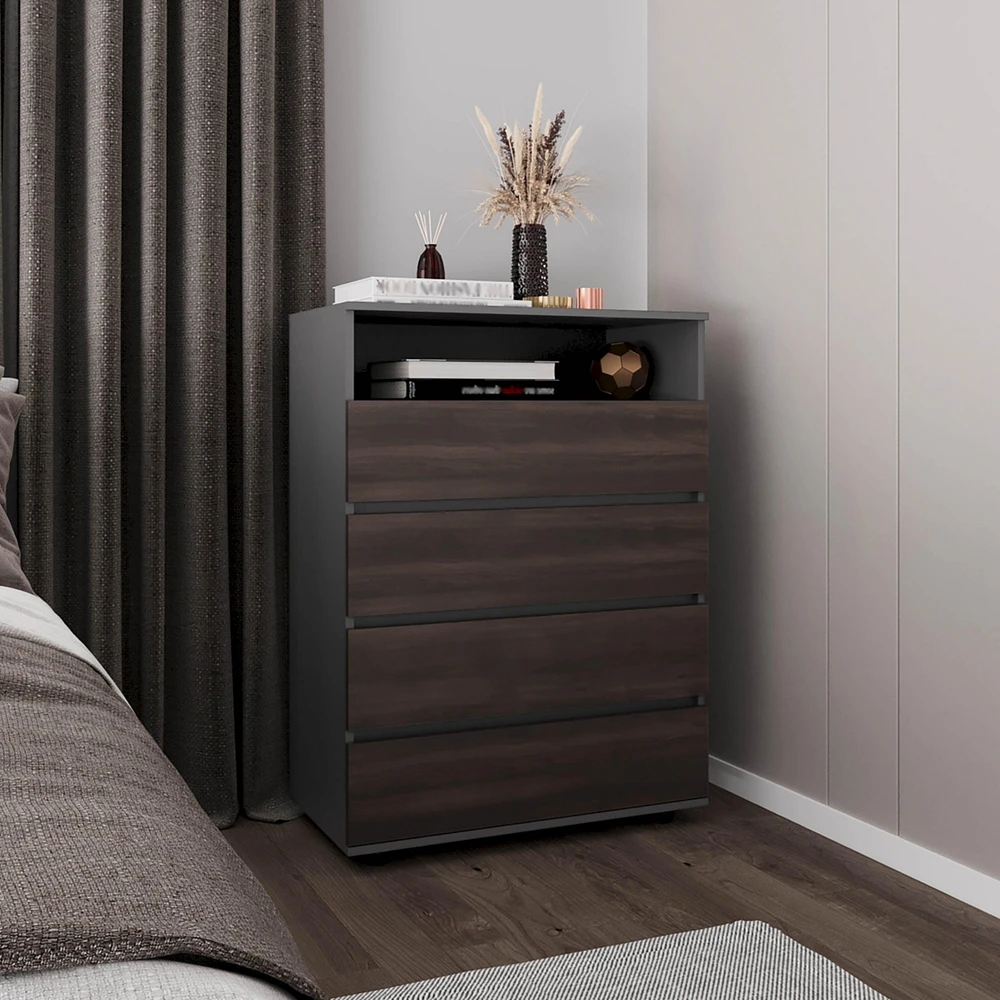 Trevose Dresser, 4 Drawers, 1 Shelf, Matt Gray / Dark Oak