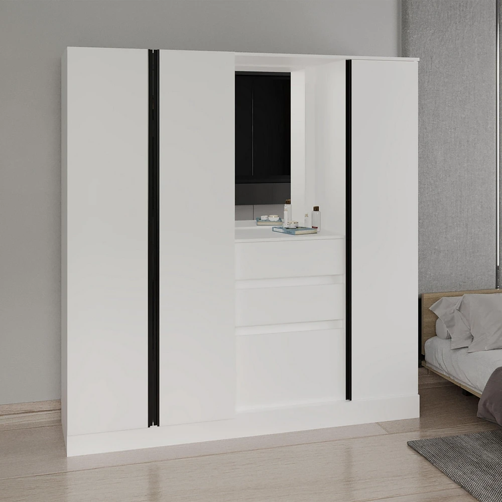 Deseret Armoire, 4 Doors, 2 Drawers, 4 Shelves, 1 Mirror, White
