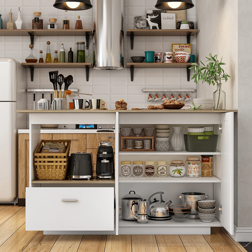 Kitchen island with 2 doors, 1 drawer, island storage table with dining table, coffee station and microwave rack for home and dining room, white, wood