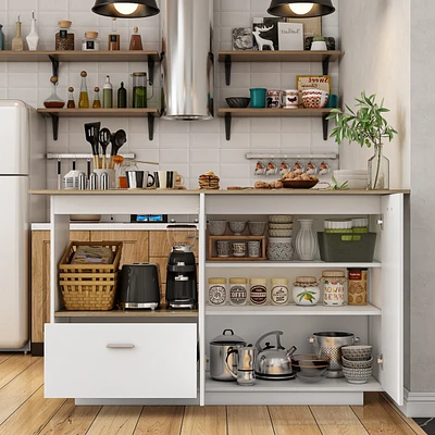 Kitchen island with 2 doors, 1 drawer, island storage table with dining table, coffee station and microwave rack for home and dining room, white, wood