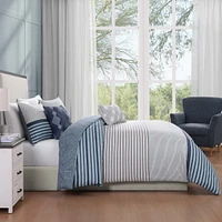 Bebejan Blue Geo Lines Bedding 100% Cotton Sateen 5 Piece Queen Size Reversible Comforter Set