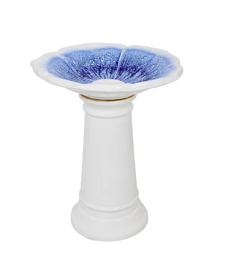 Misty Blossom Ceramic Bird Bath for Outdoors - 23" H - Uv-/ Frost-Resistant - Antique Bird Bath for Garden with White Pedestal/Blue Bowl