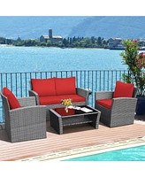 Gymax 4PCS Patio Rattan Conversation Set Outdoor Furniture Set w/ Red Cushions