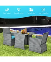Gymax 3PCS Outdoor Rattan Conversation Set Patio Dining Table Set w/ Turquoise Cushions