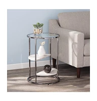 24" Black Metal Glass And Faux Marble Round End Table With Two Shelves