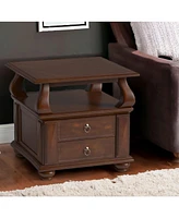 Sturdy Solid Wood Square End Table with Two Drawers and Open Shelf