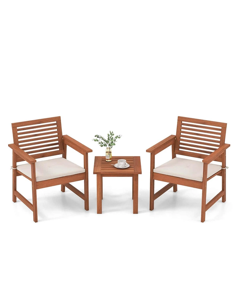 3 Pcs Patio Furniture Set with 2 Seat Cushions Coffee Table Solid Wood Chairs