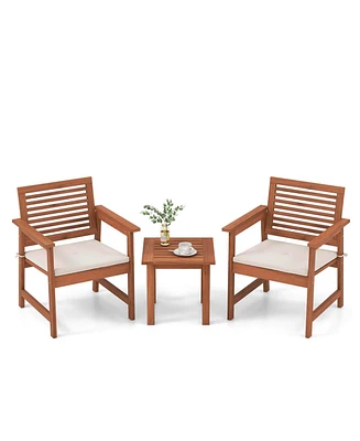 3 Pcs Patio Furniture Set with 2 Seat Cushions Coffee Table Solid Wood Chairs