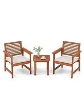 3 Pcs Patio Furniture Set with 2 Seat Cushions Coffee Table Solid Wood Chairs
