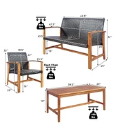 4PCS Outdoor Patio Rattan Furniture Set Acacia Wood Frame Sofa Loveseat Garden