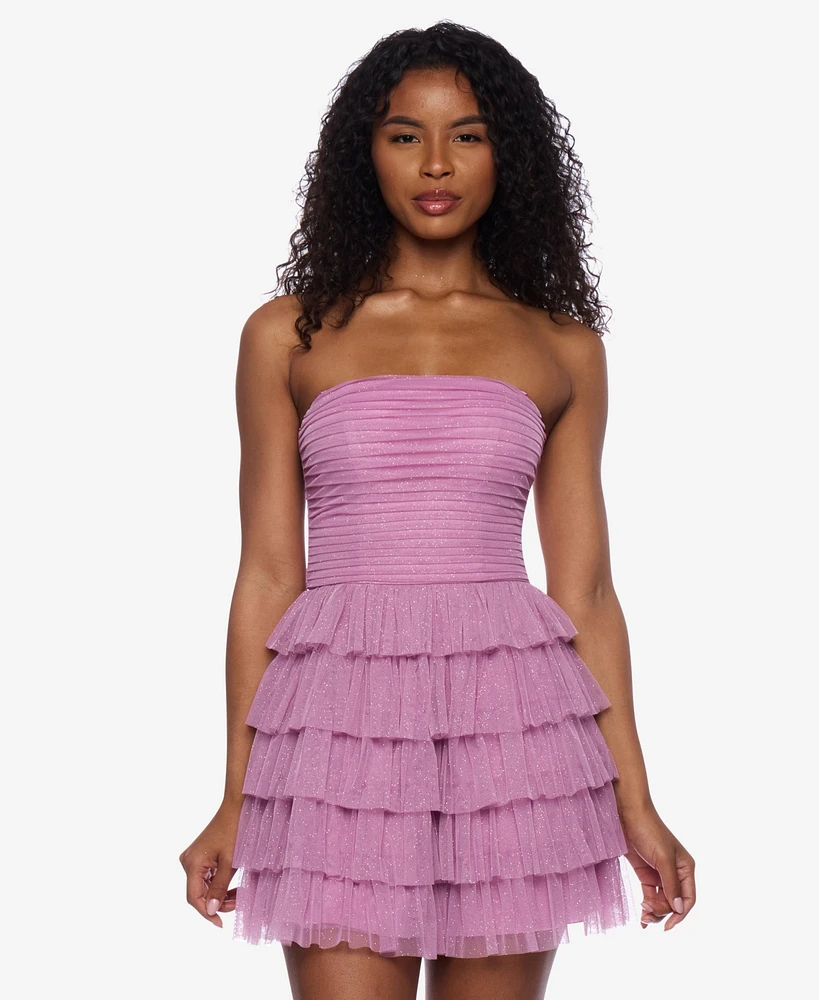 B Darlin Juniors' Strapless Side-Shirred Tiered Glitter Mini Dress